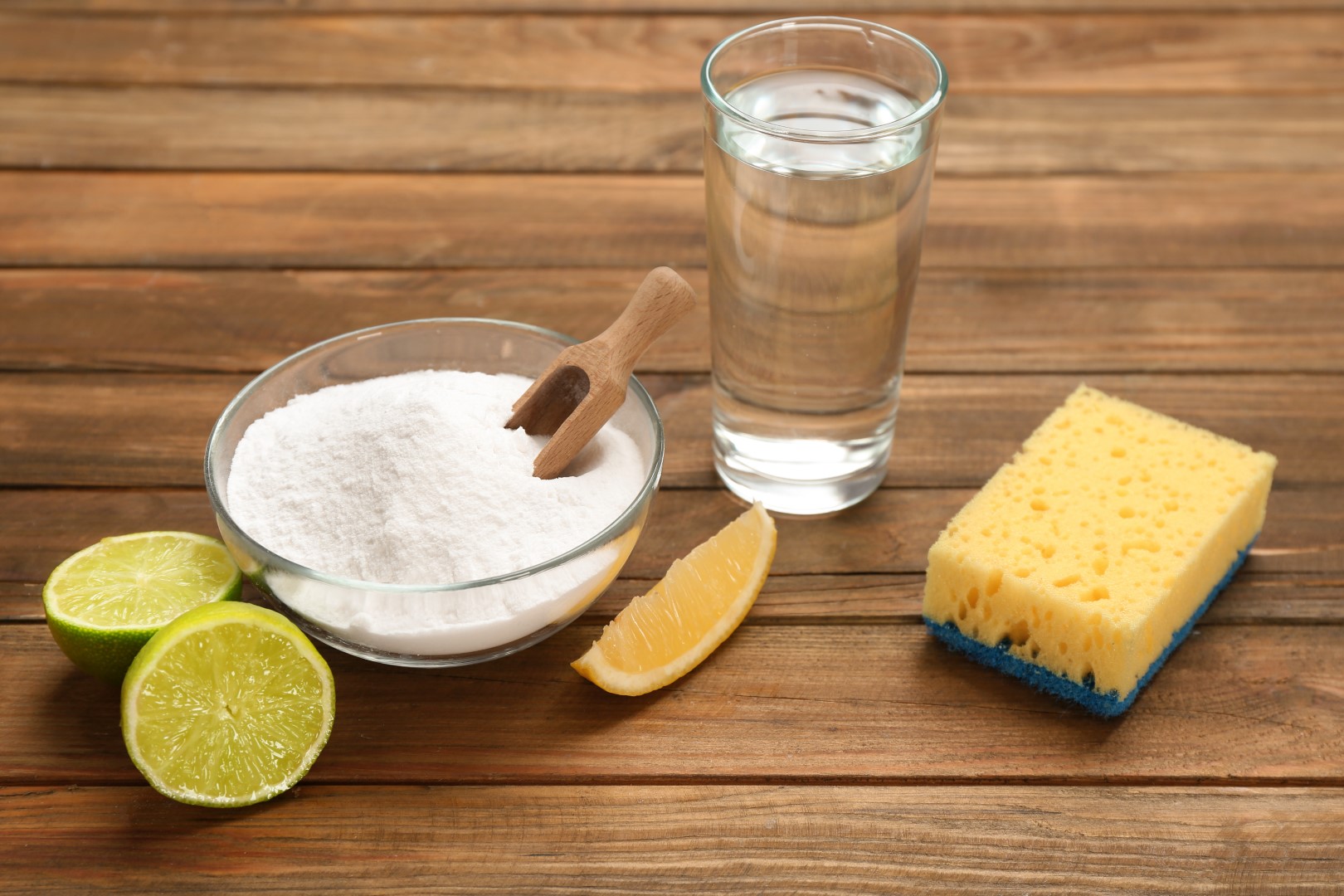 Citrus (sliced lime and orange), baking soda, glass of vinegar, and a yellow sponge.